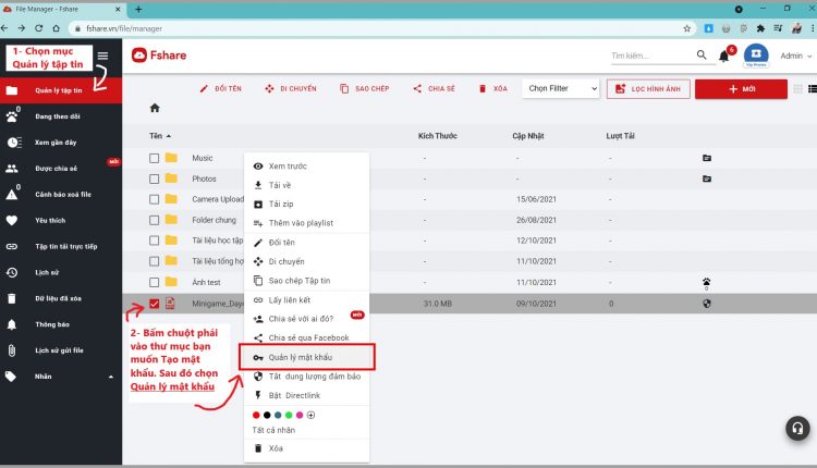 tao mat khau bao ve file trên Fshare đơn giản
