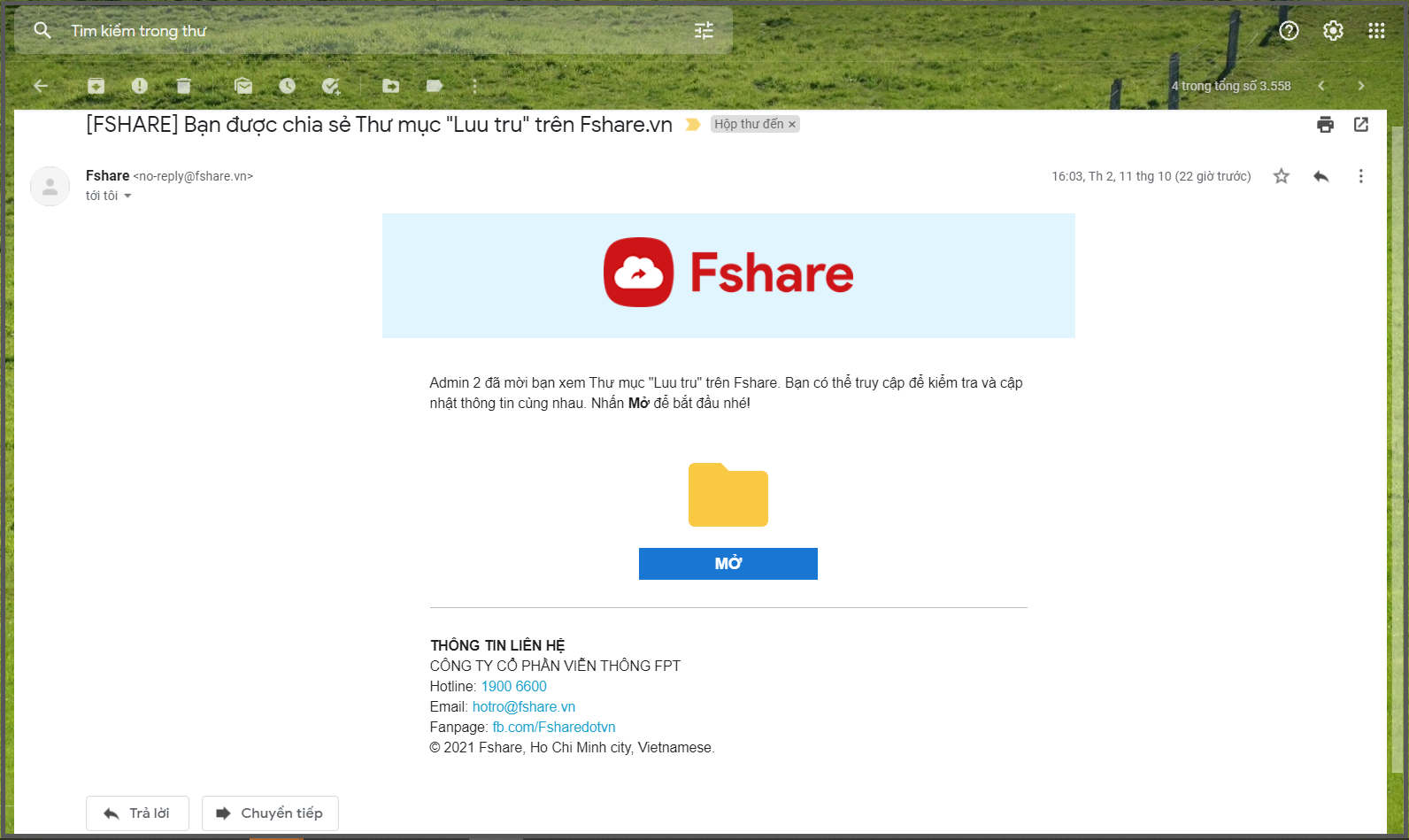 Thông báo chia sẻ riêng tư tài liệu trên Fshare