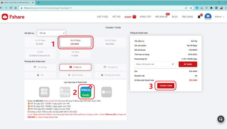 Fshare payment moca