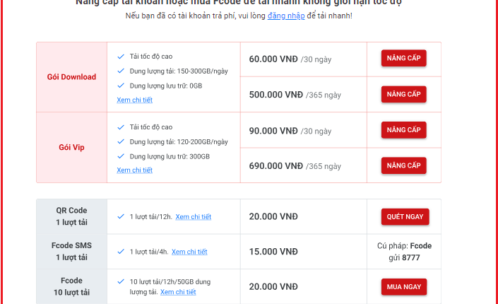 Bảng hướng dẫn nâng cấp tài khoản tải nhanh trên trang tải