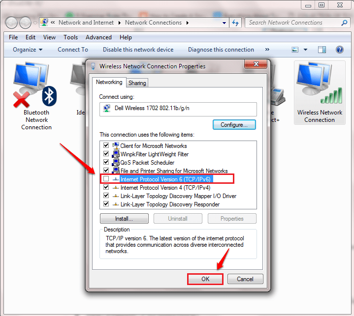 bỏ tích tùy chọn Internet Protocol Version 6 (TCP/Ipv6)